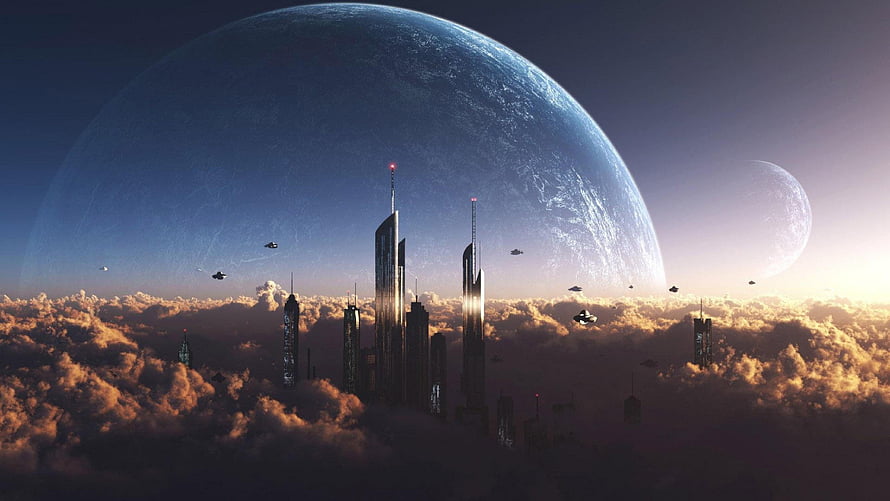 Futuristic Skyline Above Clouds with Giant Planet and Flying Vehicles HD wallpaper