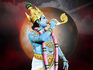Blue Skinned Hindu Deity Krishna Playing Flute With Golden Crown And Flower Garland HD wallpaper