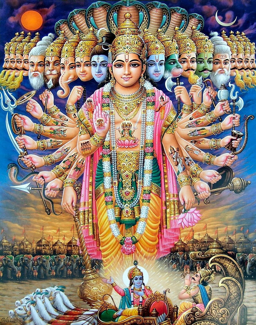 Lord Hayagriva with multiple heads and arms holding divine weapons, standing above a chariot with devotees in a vibrant mythological scene HD phone wallpaper