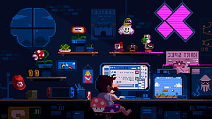 Pixel Art Gamer Room With Super Mario Bros Collectibles And Retro Gaming Setup HD wallpaper