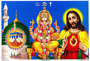 Interfaith Harmony Illustration Featuring Ganesha, Jesus, and Sacred Symbols HD wallpaper