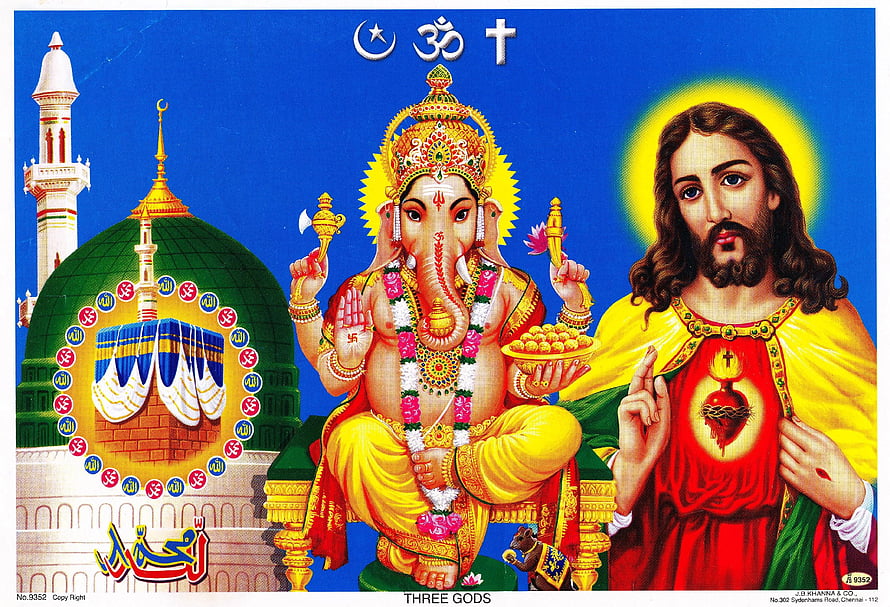 Interfaith Harmony Illustration Featuring Ganesha, Jesus, and Sacred Symbols HD wallpaper