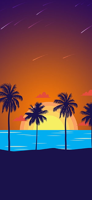 Tropical Sunset Vector Art with Palm Trees and Shooting Stars HD phone wallpaper