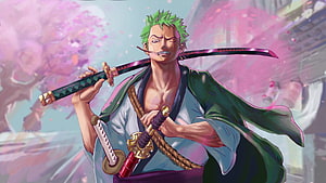 Roronoa Zoro from One Piece in a samurai outfit holding three swords with cherry blossoms HD wallpaper