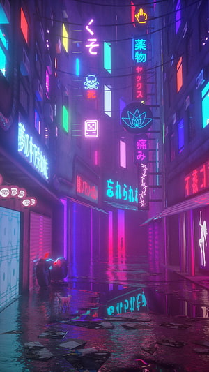 Neon Drenched Cyberpunk Alley with Japanese Signage and Rain Reflections HD phone wallpaper