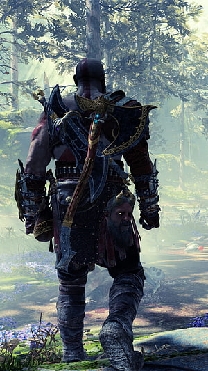Kratos Walking Through Misty Forest in God of War Video Game HD phone wallpaper