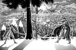 Berserk Manga Duel Scene: Two Warriors Clashing Swords in a Snowy Mountain Landscape HD wallpaper