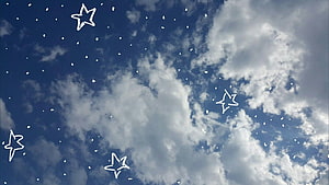 Hand-drawn stars and dots over a blue sky with soft white clouds HD wallpaper