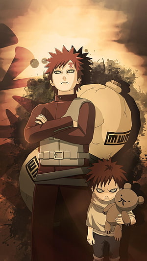 Gaara and Young Gaara Anime Character Art with Sand Gourd and Teddy Bear HD phone wallpaper