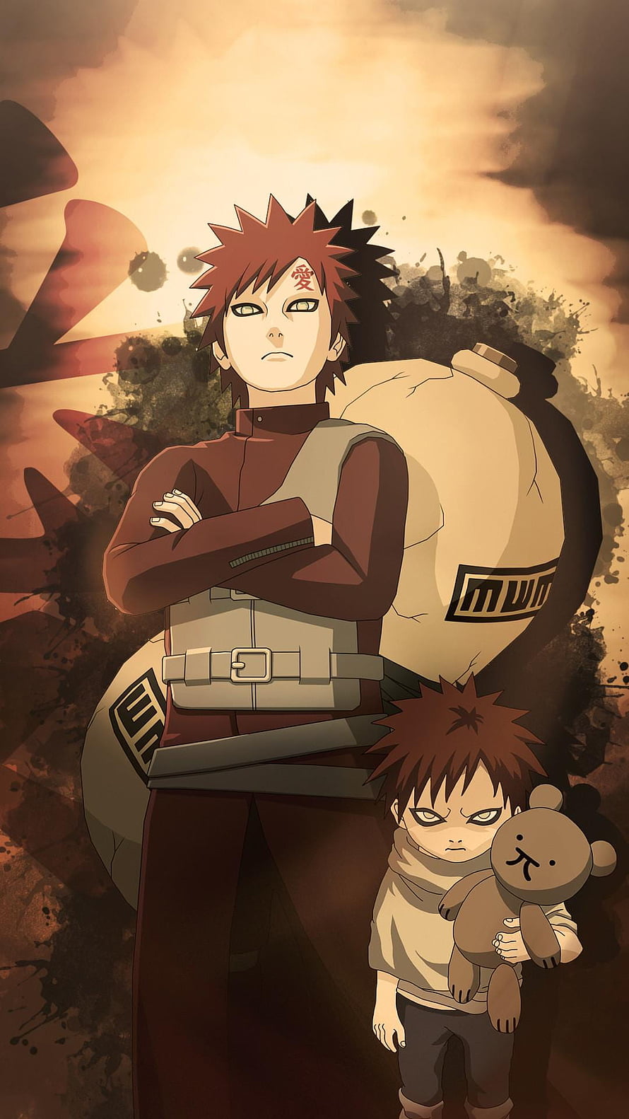 Gaara and Young Gaara Anime Character Art with Sand Gourd and Teddy Bear HD phone wallpaper