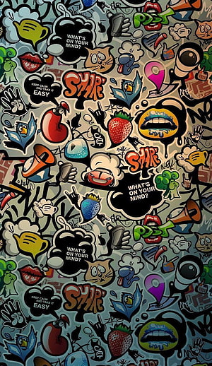Colorful Doodle Art Pattern with Speech Bubbles, Animals, and Pop Culture Icons HD phone wallpaper