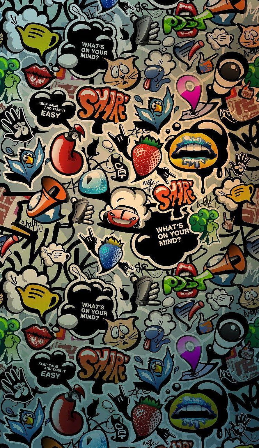 Colorful Doodle Art Pattern with Speech Bubbles, Animals, and Pop Culture Icons HD phone wallpaper
