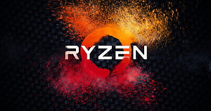 AMD Ryzen Processor Logo with Fiery Orange and Red Particle Effects on Dark Carbon Fiber Background HD wallpaper