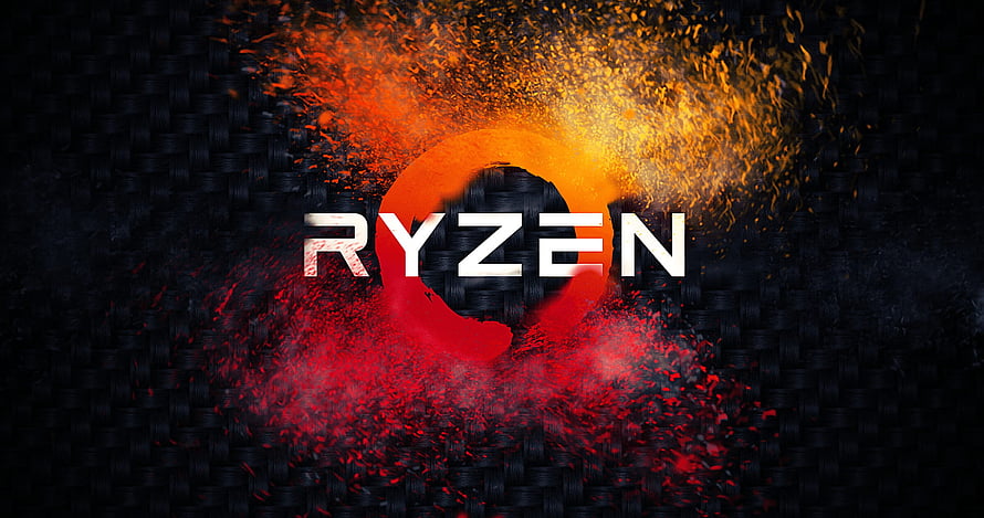 AMD Ryzen Processor Logo with Fiery Orange and Red Particle Effects on Dark Carbon Fiber Background HD wallpaper