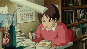 Whisper of the Heart Anime Scene of Boy Studying at Desk with Lamp and Books HD wallpaper