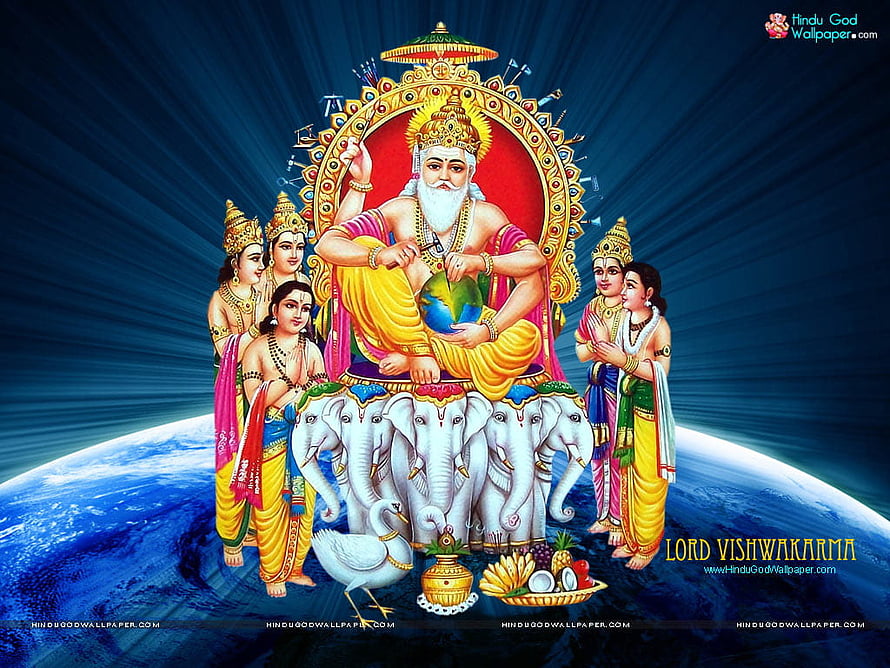 Lord Vishwakarma Hindu God Sitting on Elephants with Devotees and Earth Background HD wallpaper