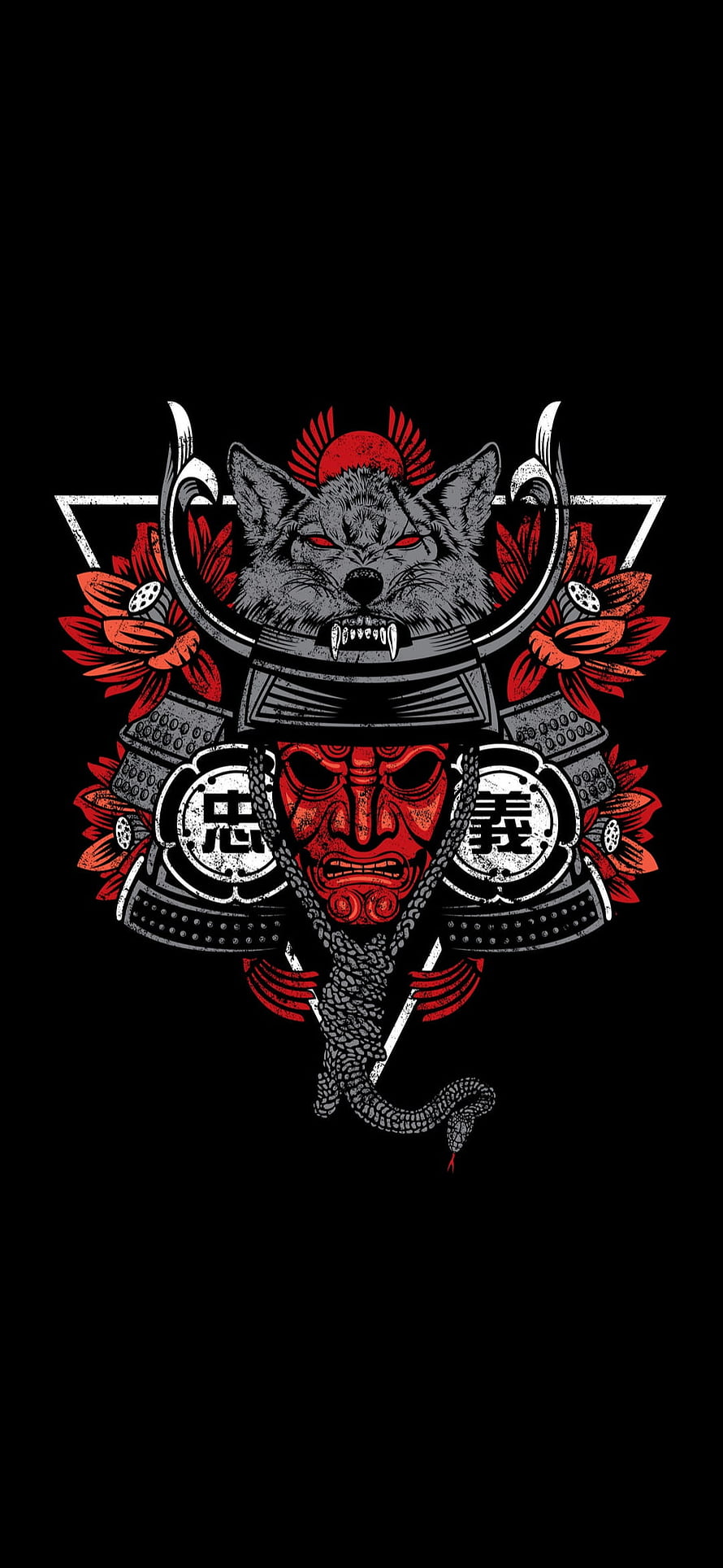 Japanese Wolf Samurai Armor Illustration With Red Hannya Mask And Sunflowers HD phone wallpaper