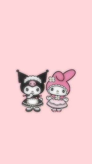 Kuromi and My Melody in Cute Maid Outfits on Soft Pink Background HD phone wallpaper