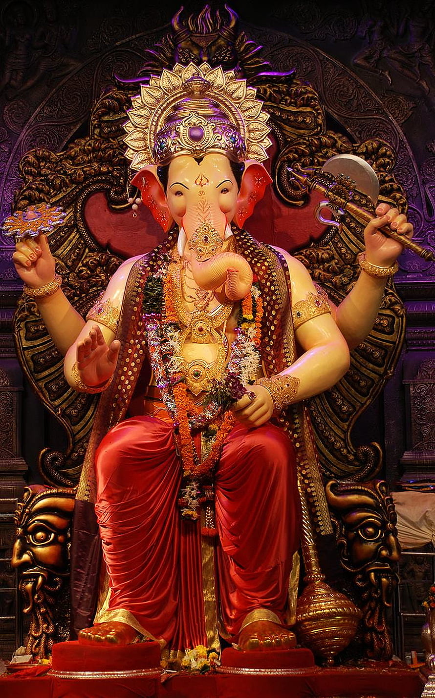 Ganesha Statue in Red Robes with Golden Crown and Axe HD phone wallpaper