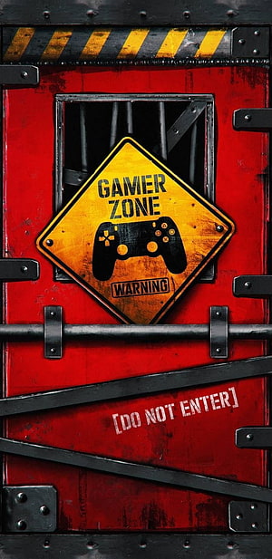 Gamer Zone Warning Sign On Red Metal Door With Controller Graphic HD phone wallpaper