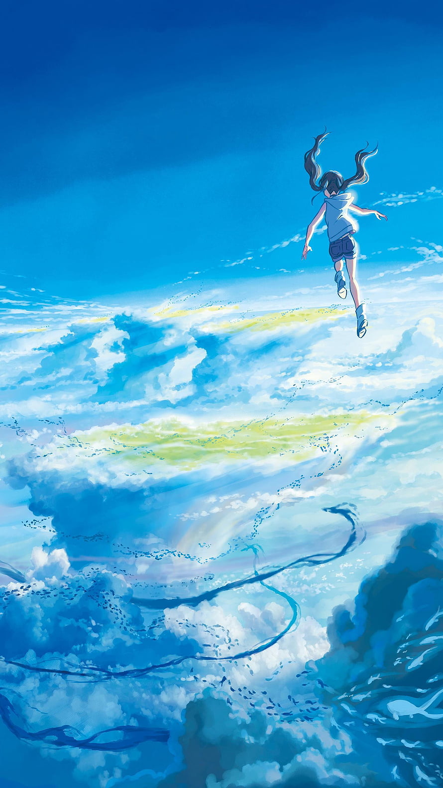 Anime Girl Leaping Through Clouds in Weathering With You Sky Scene HD phone wallpaper