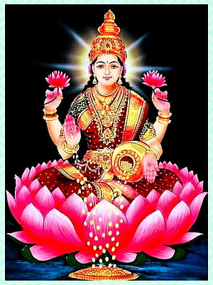 Goddess Lakshmi Sitting on a Pink Lotus with Gold Pot and Flowers HD phone wallpaper