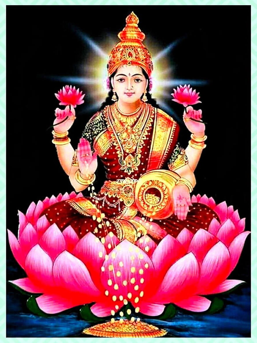 Goddess Lakshmi Sitting on a Pink Lotus with Gold Pot and Flowers HD phone wallpaper