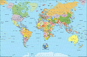 Detailed Political World Map Showing Countries, Oceans, and Continents in Color HD wallpaper