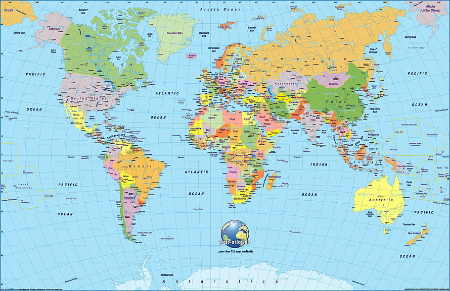 Detailed Political World Map Showing Countries, Oceans, and Continents in Color HD wallpaper