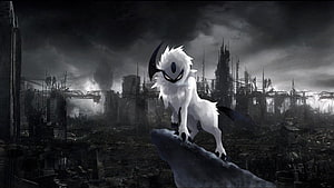 White Feral Creature with Horns Standing on Rock in Dark Post-Apocalyptic City HD wallpaper