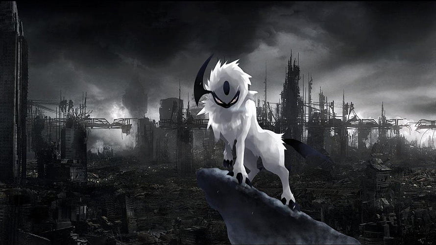 White Feral Creature with Horns Standing on Rock in Dark Post-Apocalyptic City HD wallpaper