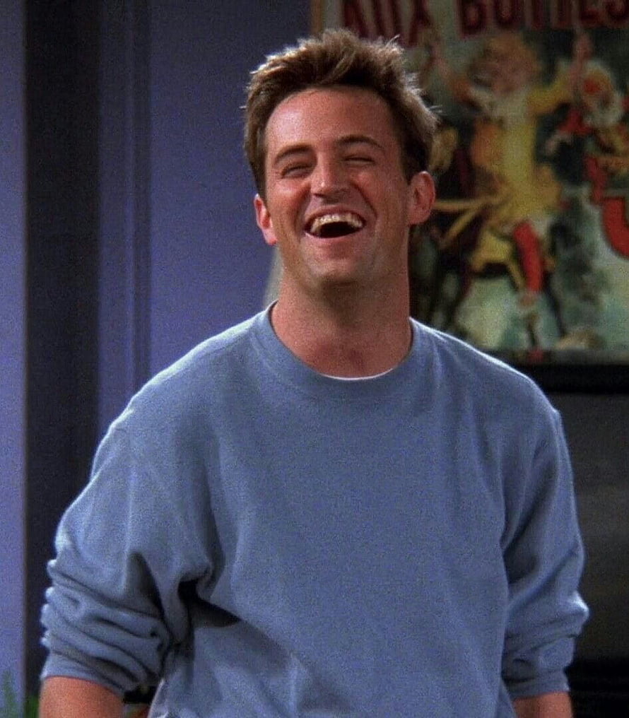 Matthew Perry as Chandler Bing Laughing in Blue Sweater from Friends TV Show HD phone wallpaper