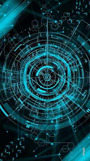 Futuristic Cyan Holographic HUD Interface with Concentric Circles and Hexagonal Patterns HD phone wallpaper