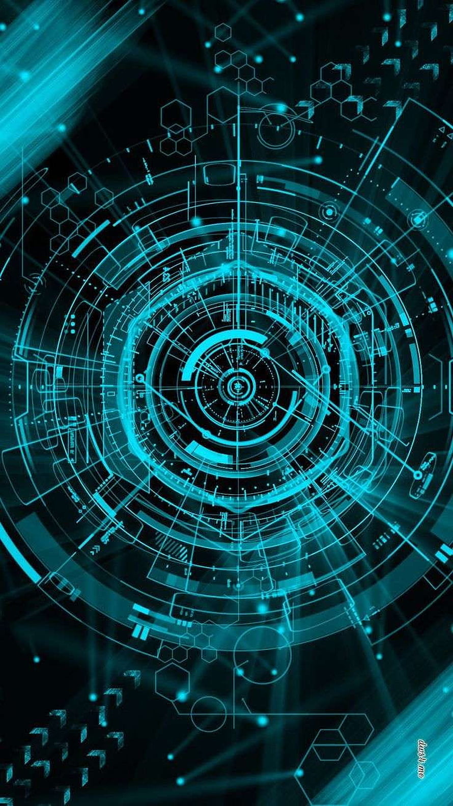 Futuristic Cyan Holographic HUD Interface with Concentric Circles and Hexagonal Patterns HD phone wallpaper