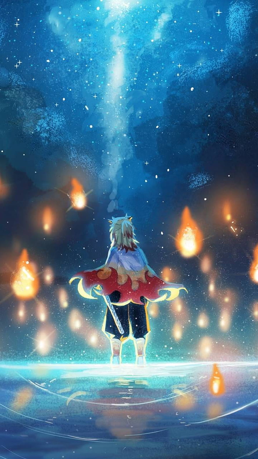Rengoku Kyojuro Anime Character Standing in Starry Night with Floating Fire Orbs HD phone wallpaper