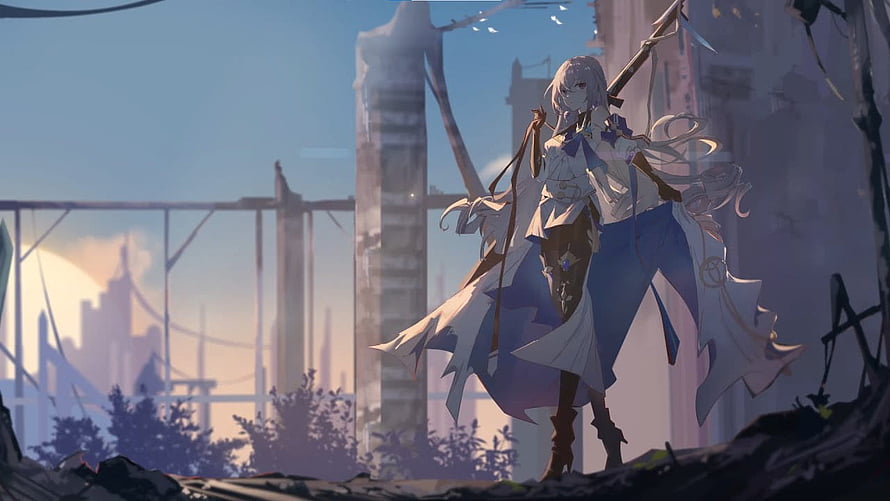 Anime Girl With Long White Hair Holding A Spear In A Ruined City At Sunset HD wallpaper