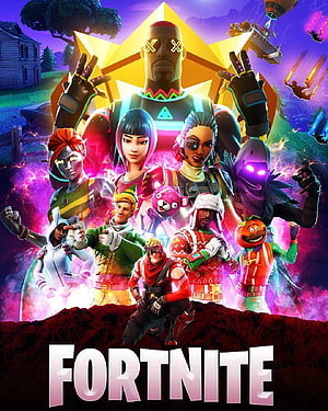 Fortnite Character Lineup with Neon Star Background and Vibrant Skins HD phone wallpaper
