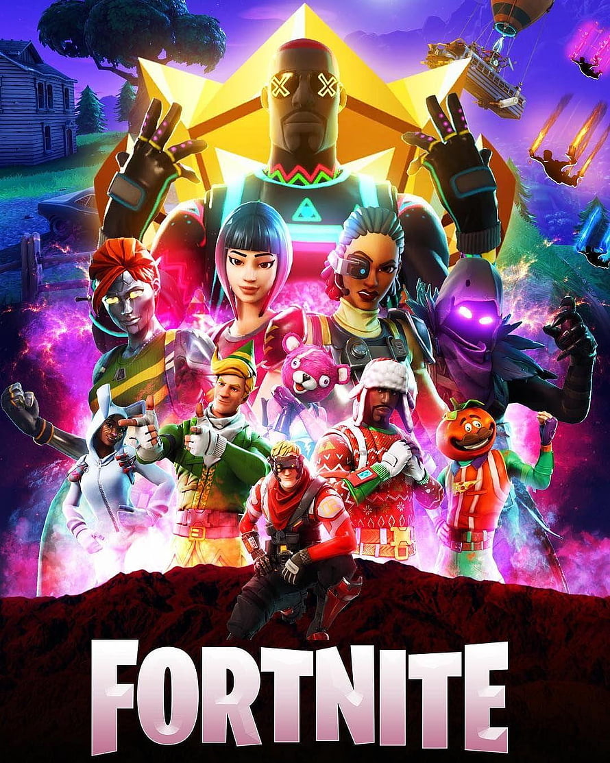 Fortnite Character Lineup with Neon Star Background and Vibrant Skins HD phone wallpaper