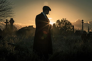 Peaky Blinders Silhouette in a Misty Cemetery at Golden Hour Sunset HD wallpaper