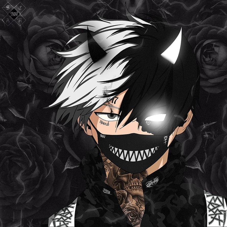 Anime Boy With Half Black And White Hair Wearing A Grin Mask And Skull Tattoo HD phone wallpaper