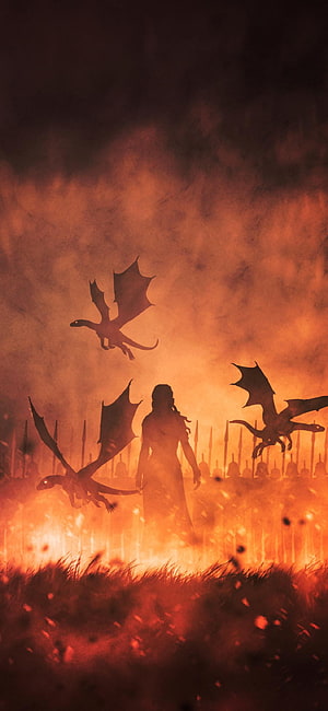 Mother of Dragons Silhouette Amidst Fire and Flying Dragons in Game of Thrones HD phone wallpaper