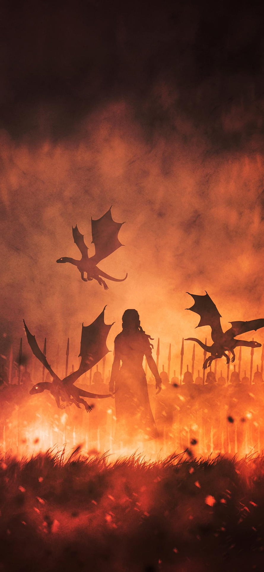 Mother of Dragons Silhouette Amidst Fire and Flying Dragons in Game of Thrones HD phone wallpaper