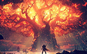 Sylvanas Stands Before the Burning World Tree in a Dramatic Fantasy Landscape HD wallpaper