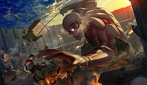 Attack on Titan: Colossal Titan Rampage Over Walled City with Survey Corps Soldier HD wallpaper