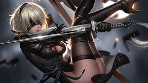 YoRHa 2B wielding a katana in a dynamic combat pose from NieR Automata HD wallpaper