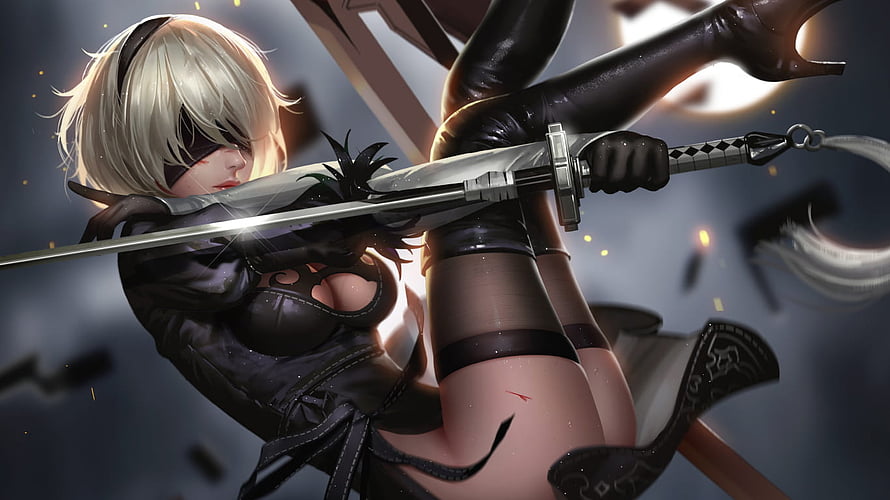 YoRHa 2B wielding a katana in a dynamic combat pose from NieR Automata HD wallpaper