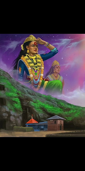 Giant Mythological Deities Overlooking a Village in a Fantasy Landscape HD phone wallpaper