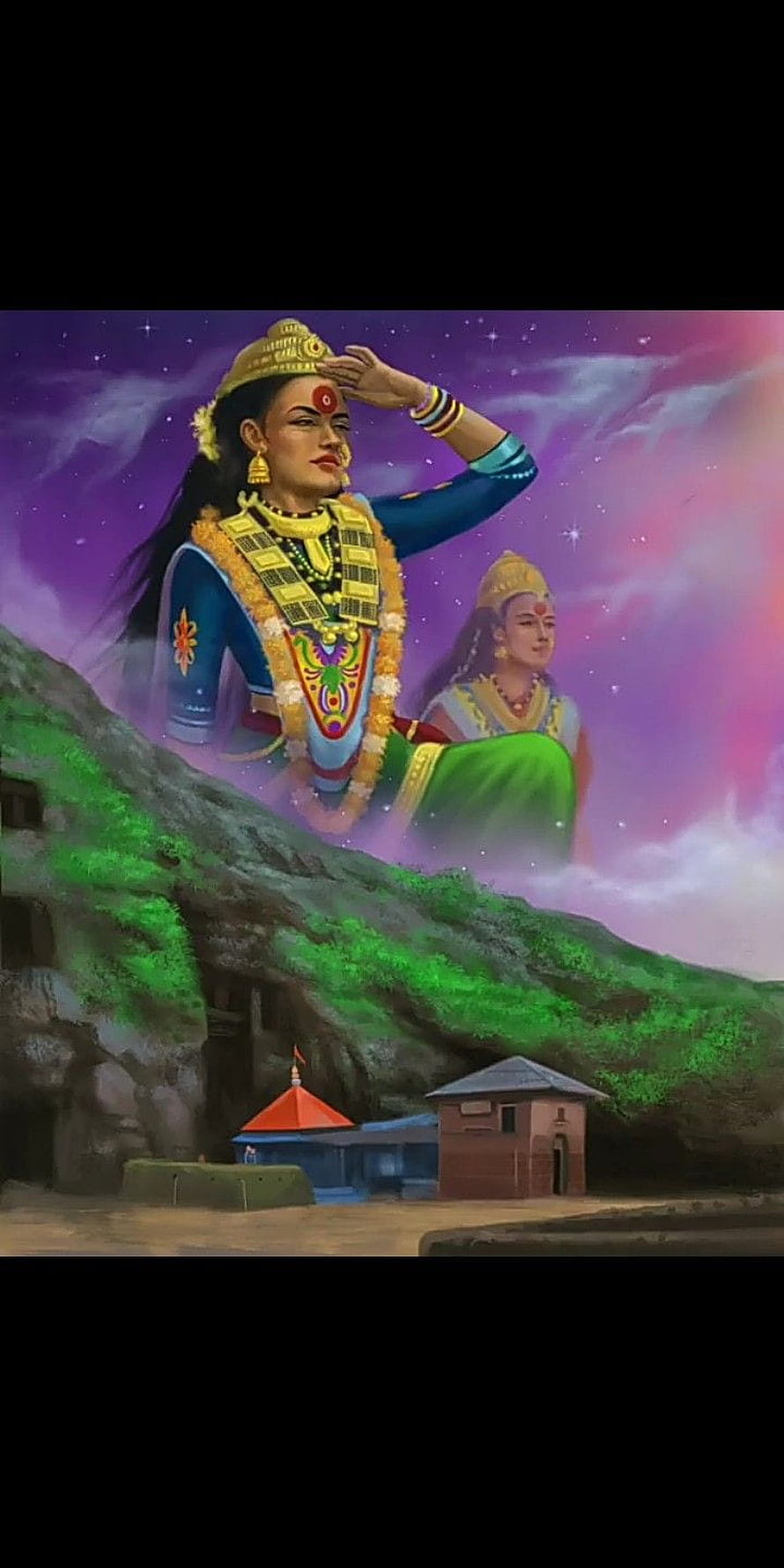 Giant Mythological Deities Overlooking a Village in a Fantasy Landscape HD phone wallpaper