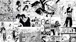 Naruto Manga Panel Collection Featuring Naruto and Sasuke in Black and White Comic Art HD wallpaper