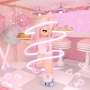 Pink Roblox Girl Character on Roller Skates in Candy Shop with Neon Effects HD phone wallpaper